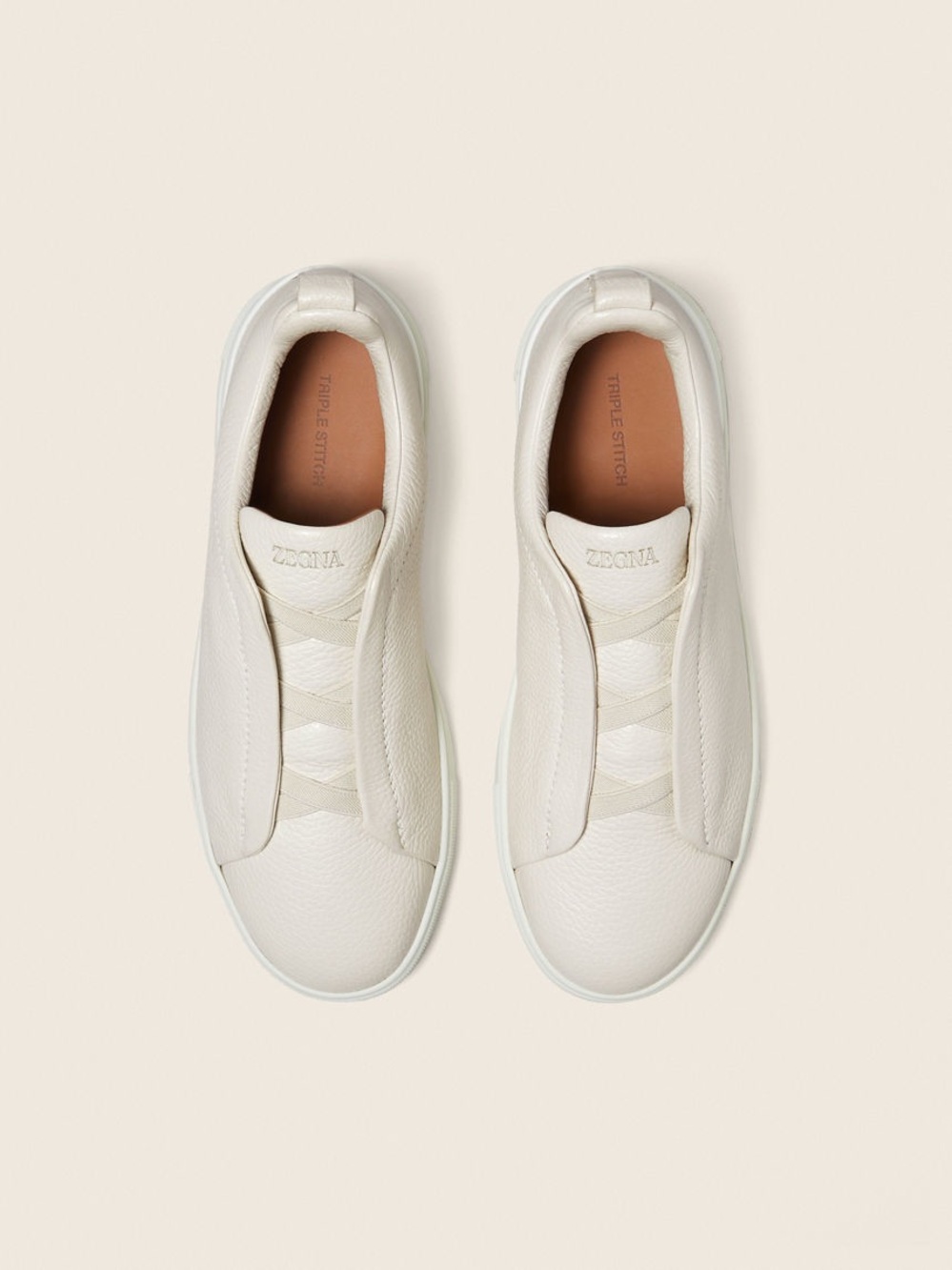Zegna Triple Stitch White Leather Slip-On Sneakers Made in Italy